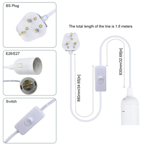 Diagram of a white light fixture with plug, socket, and switch components on a white background.