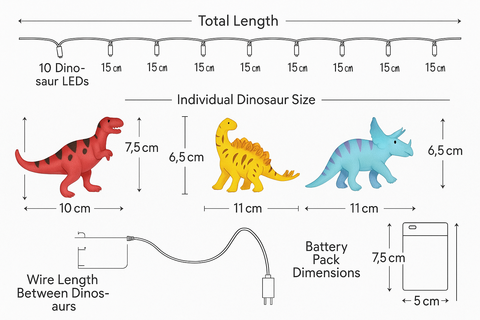 Diagram of dinosaur LED lights with dimensions and layout