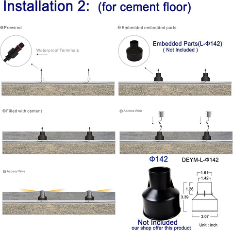 Diagram of installation process for cement floor with embedded parts and waterproof terminals.