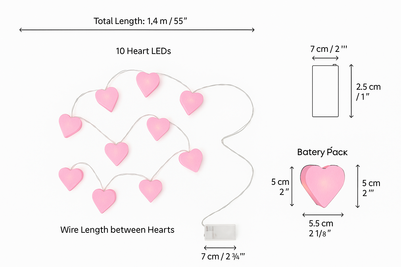 Diagram of pink heart-shaped LED lights with measurements on a white background