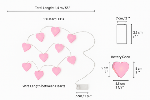 Diagram of pink heart-shaped LED lights with measurements on a white background