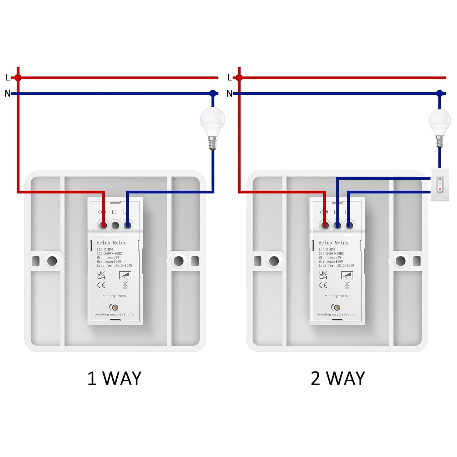 Diagram showing electrical wiring connections for 1-way and 2-way light switches.
