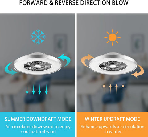 Diagram showing forward and reverse direction blow modes of a ceiling fan with summer downdraft and winter updraft modes.