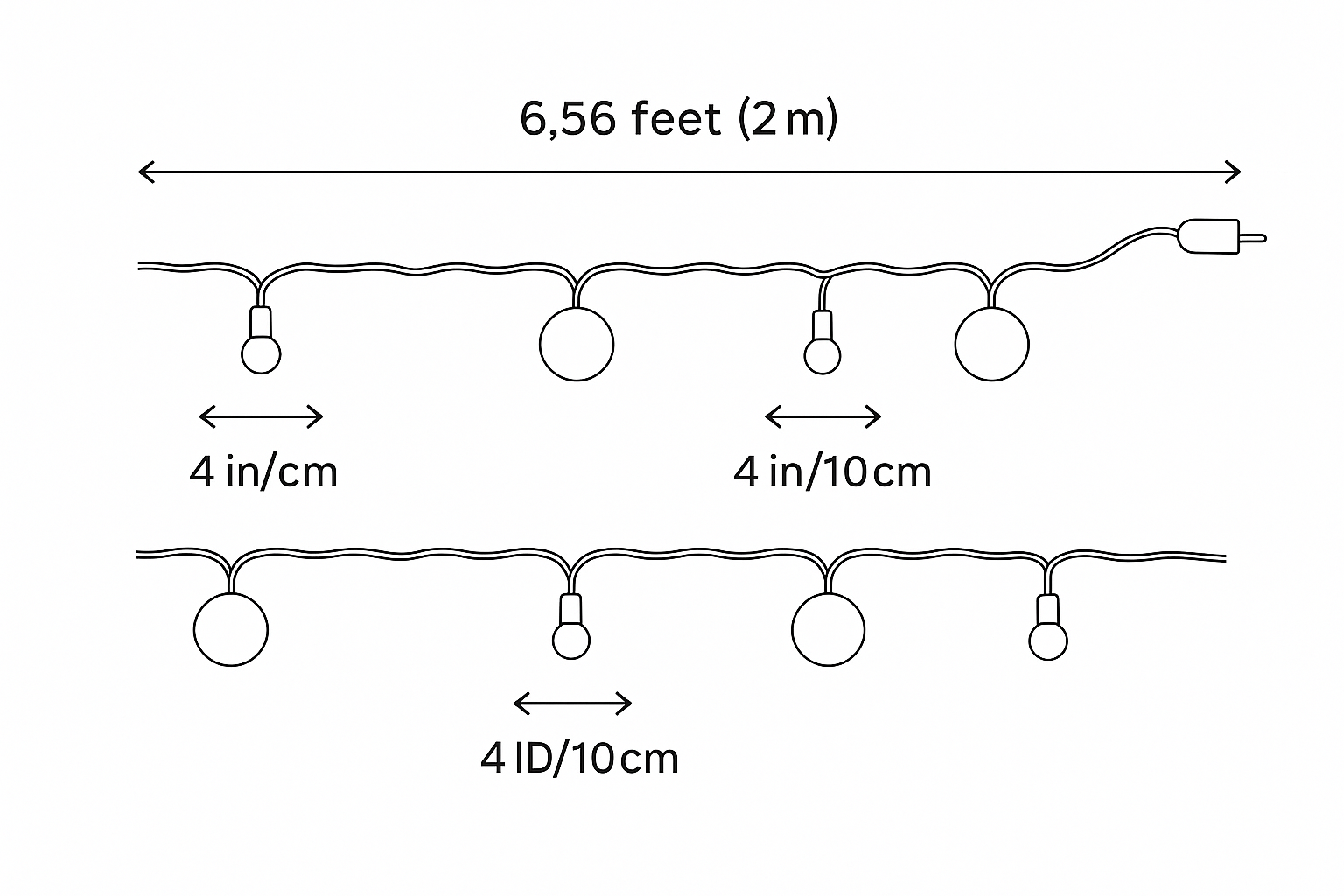 Diagram showing the layout of a string of lights with measurements in feet, inches, and centimeters.