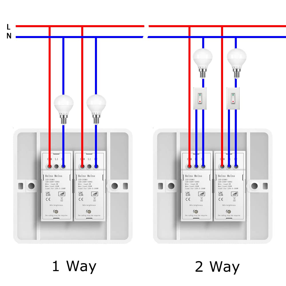 Diagram showing wiring connections for 1-way and 2-way light switches with colored wires.