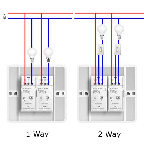 Diagram showing wiring connections for 1-way and 2-way light switches with colored wires.