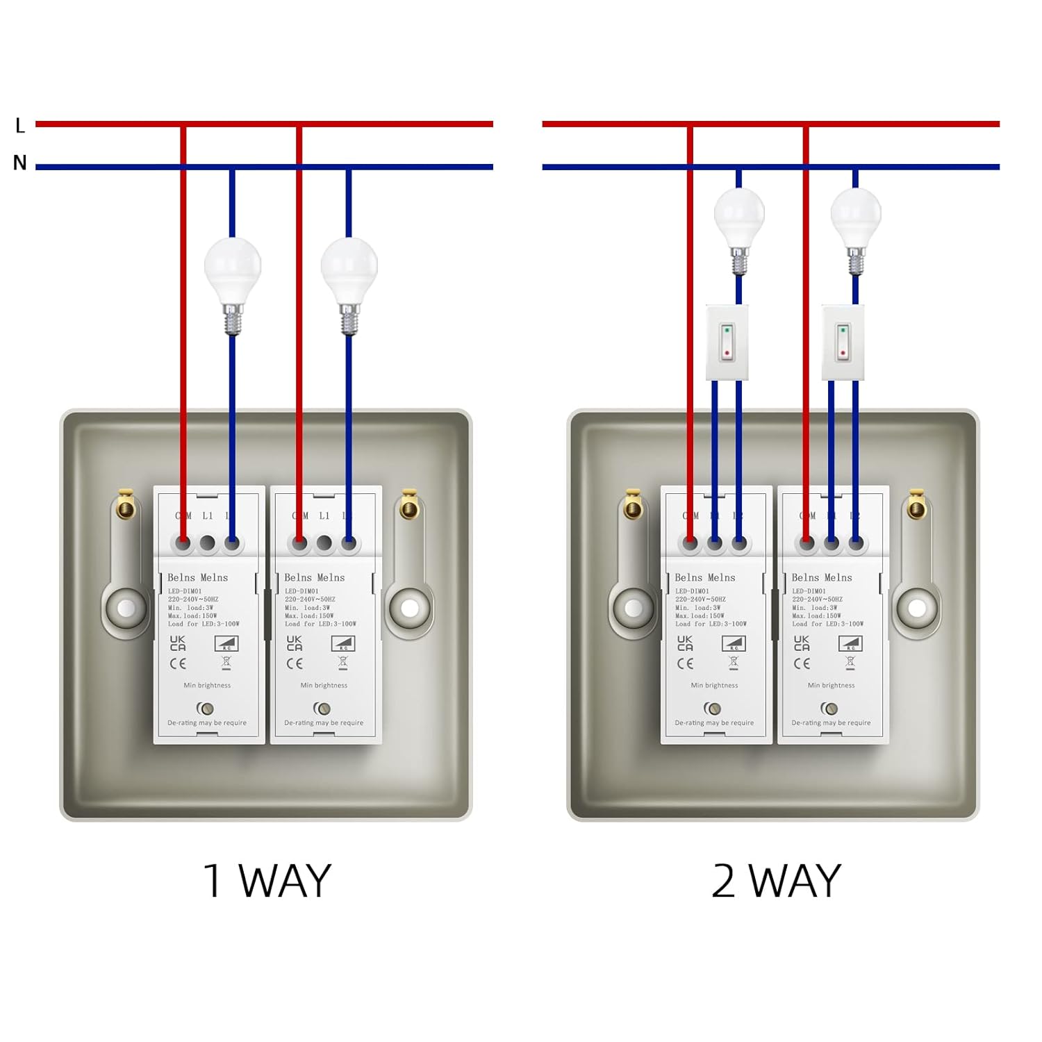 Diagram showing wiring connections for 1-way and 2-way switches with labeled wires.