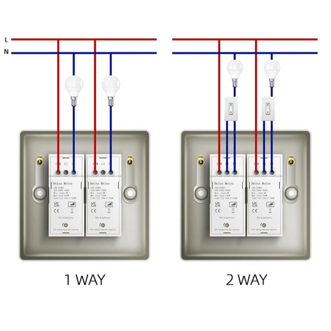 Diagram showing wiring connections for 1-way and 2-way switches with labeled wires.