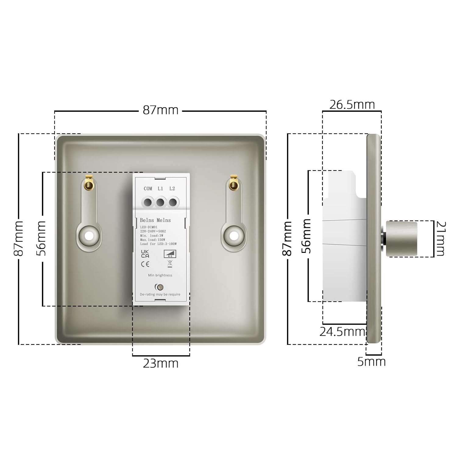 Dimensions of a door handle and lock mechanism on a white background