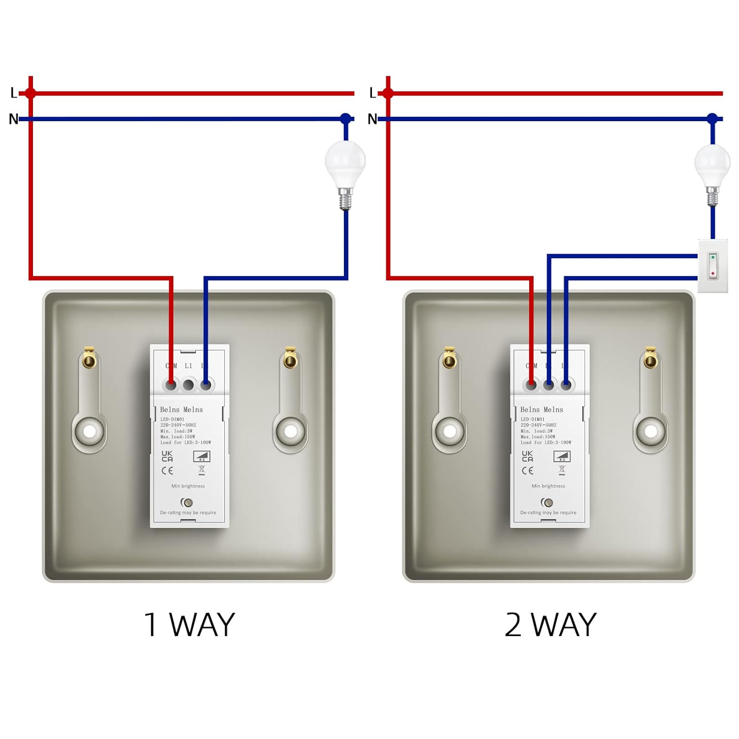Diagram showing wiring connections for a 1-way and 2-way light switch setup.