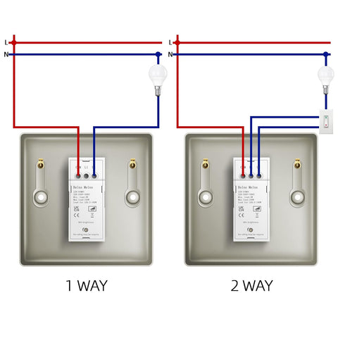 Diagram showing wiring connections for a 1-way and 2-way light switch setup.