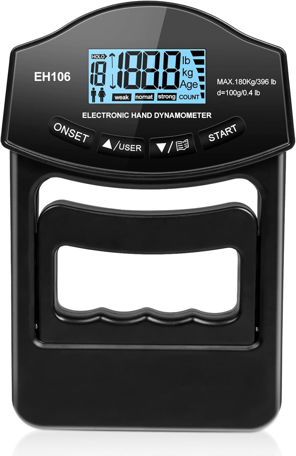 Digital hand dynamometer with digital display on a white background