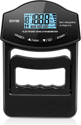 Digital hand dynamometer with digital display on a white background