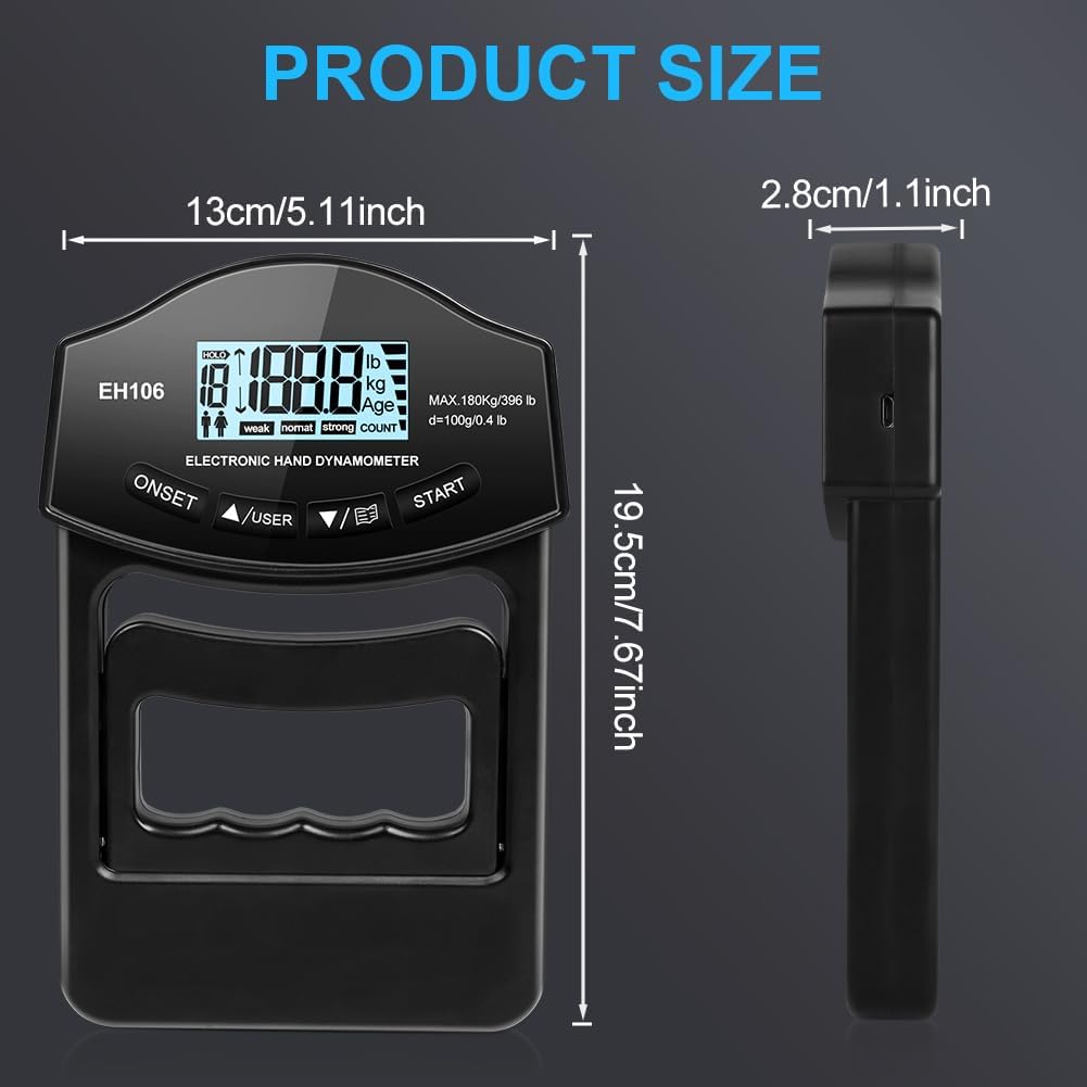 Digital hand dynamometer with measurements on a dark background