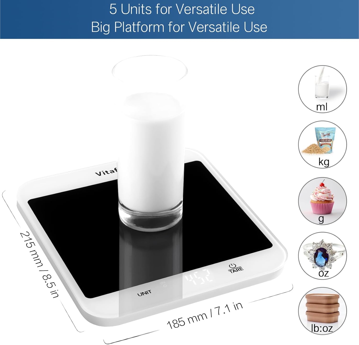 Digital kitchen scale with a glass of milk on it, showing measurement versatility.