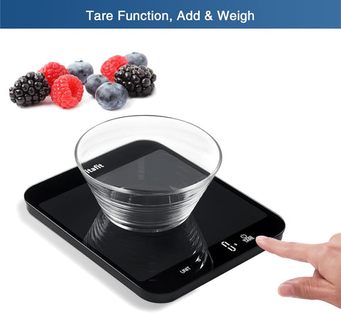 Digital kitchen scale with a glass of water on it, surrounded by berries, with text indicating tare function, add, and weigh features.