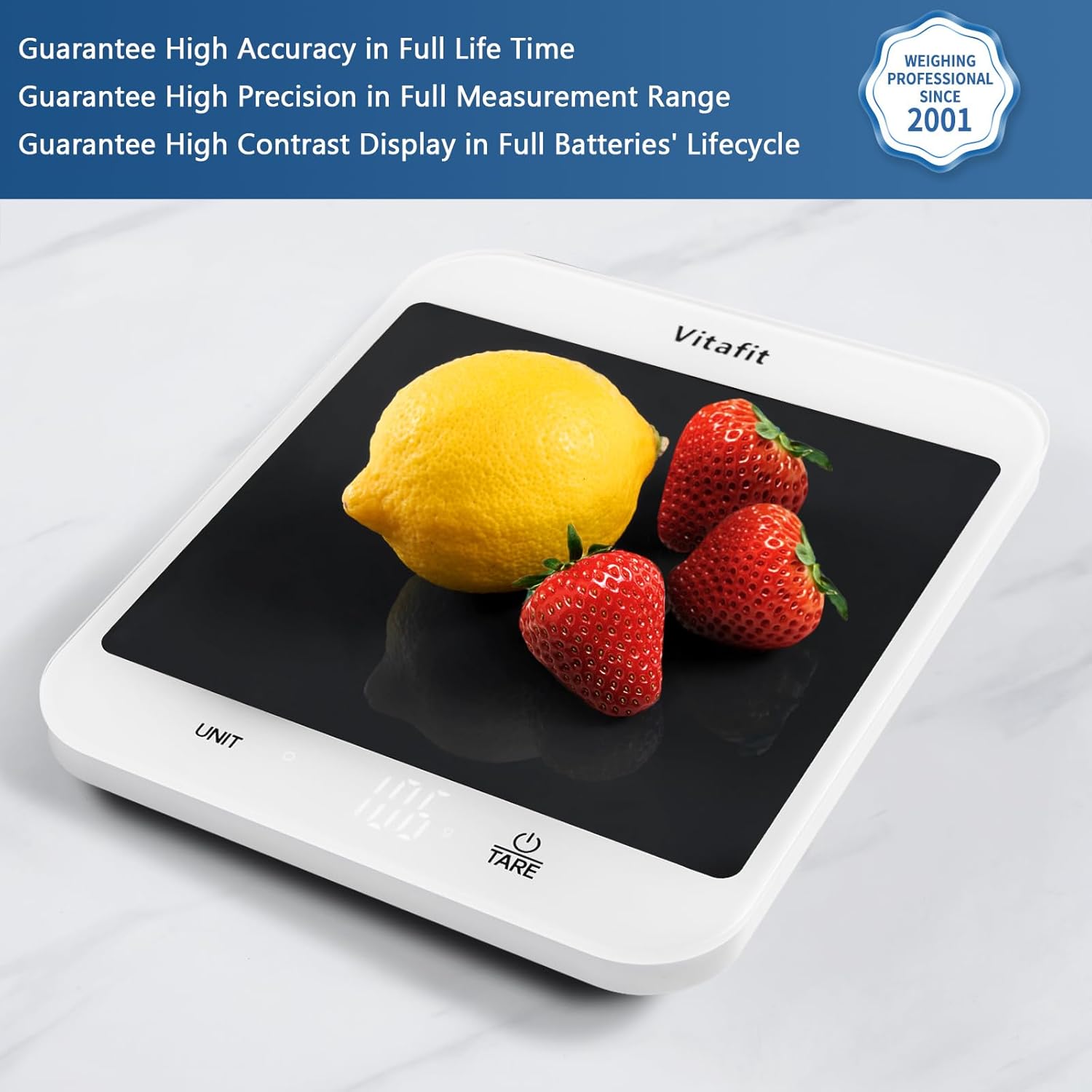 Digital kitchen scale with fruits on a white background