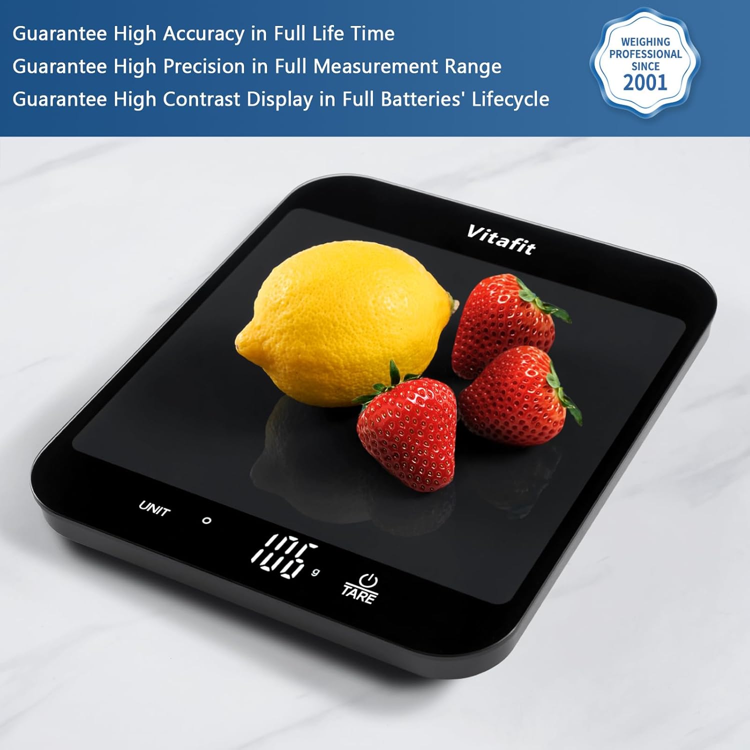 Digital kitchen scale with fruits on a white background, featuring Vitafit branding.
