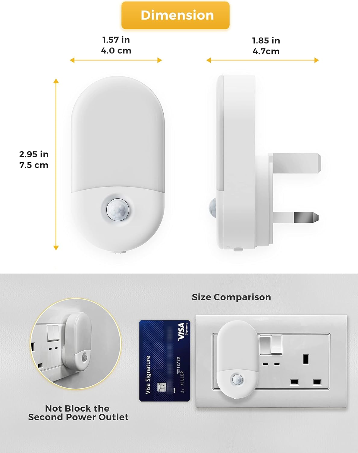 Dimensions and size comparison of a white sensor device with a plug on a white background.
