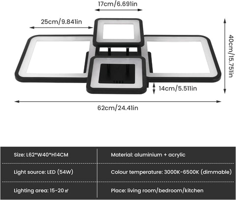 Dimensions and specifications of a LED light fixture on a white background
