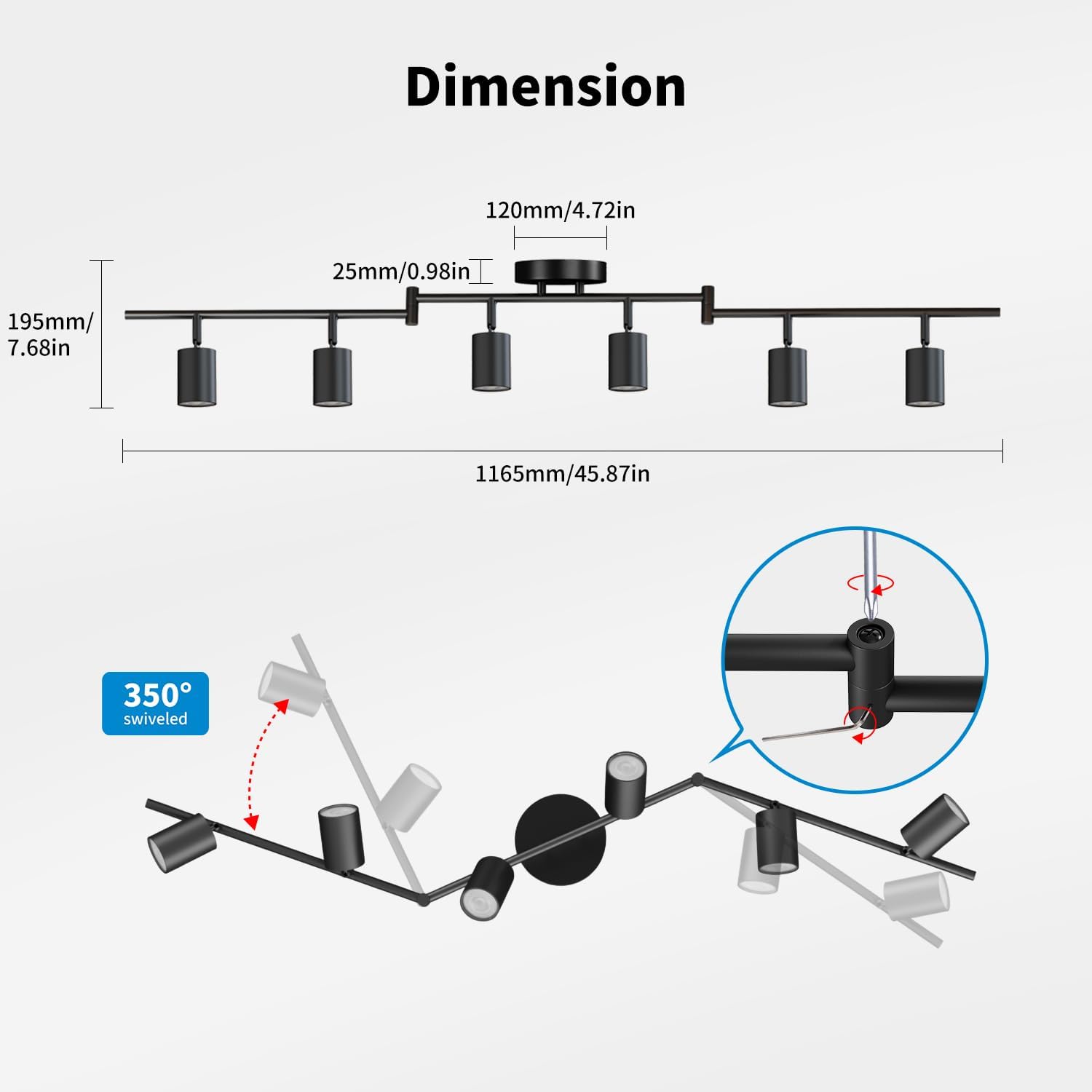 Dimensions and swivel feature of a black ceiling light fixture on a white background