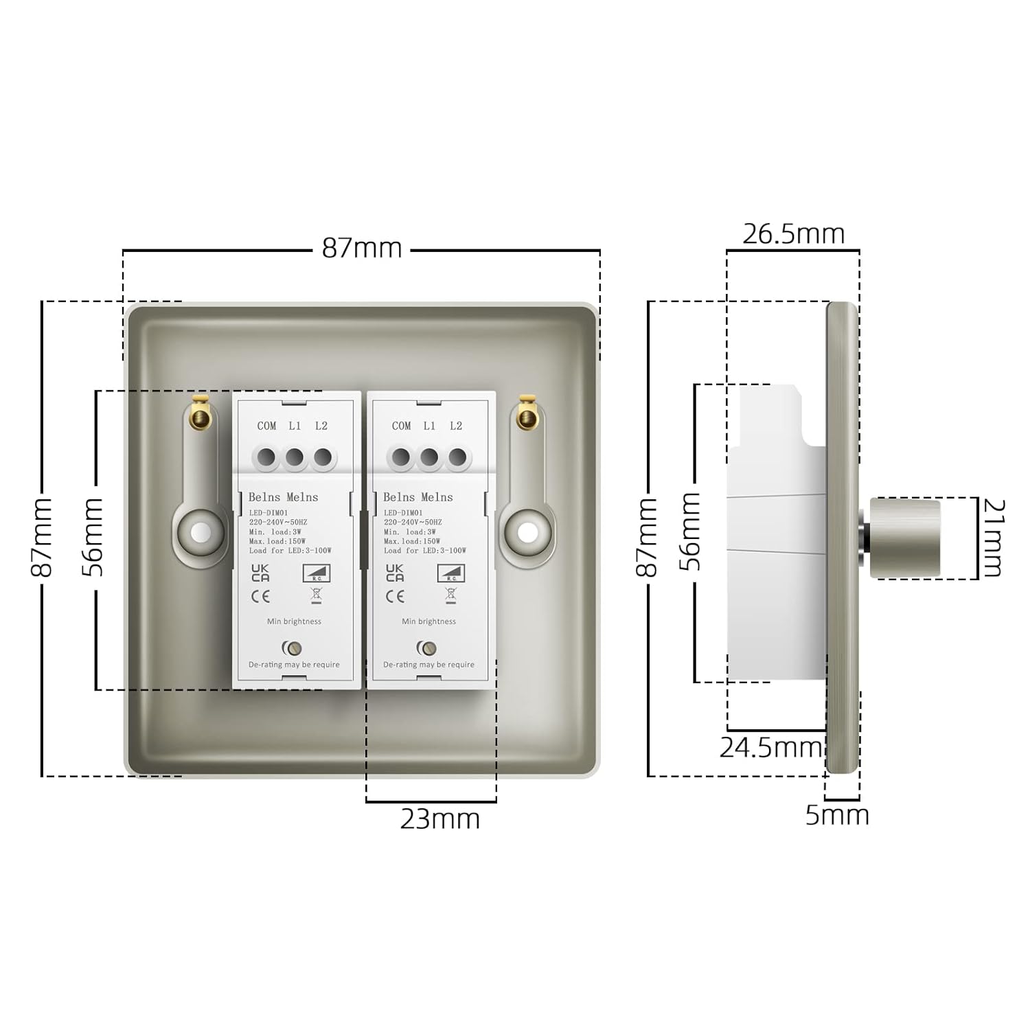 Dimensions of a door handle and lock mechanism on a white background