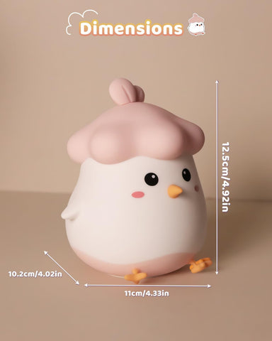 Dimensions of a small pink and white bird-like figurine on a beige background