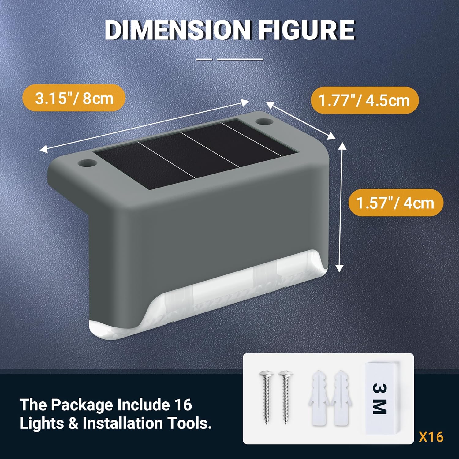Dimensions of a solar light fixture with installation tools on a blue background