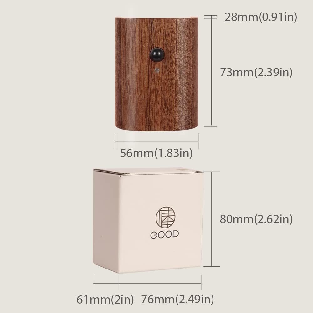 Dimensions of a wooden cylindrical object and a beige rectangular box with 'GOOD' branding on a light gray background.