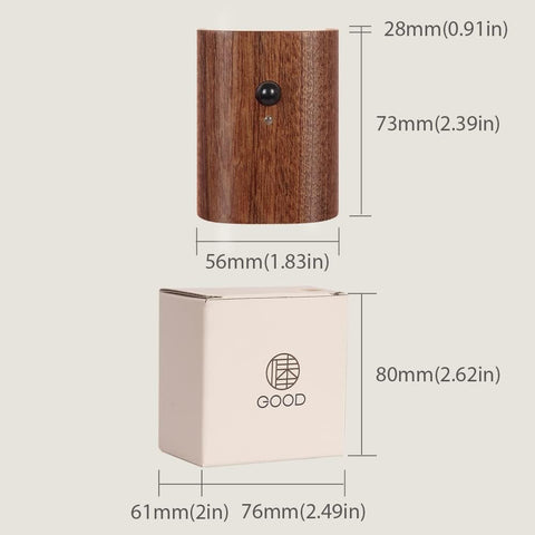 Dimensions of a wooden cylindrical object and a beige rectangular box with 'GOOD' branding on a light gray background.