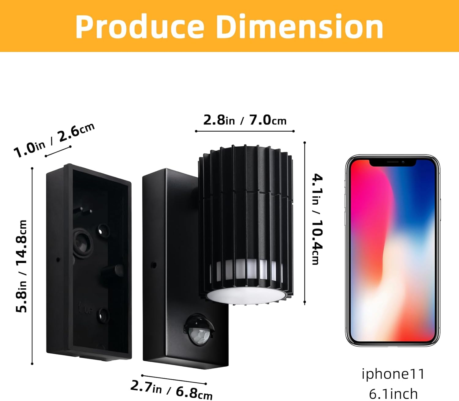 Dimensions of two black outdoor lights compared to an iPhone X on a white background.
