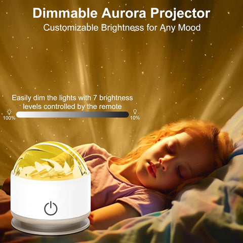 Dimmable Aurora Projector with a child lying down, emitting a warm glow.