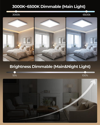 Dimmable LED light fixture with color temperature and brightness controls shown in a bedroom and living room setting.