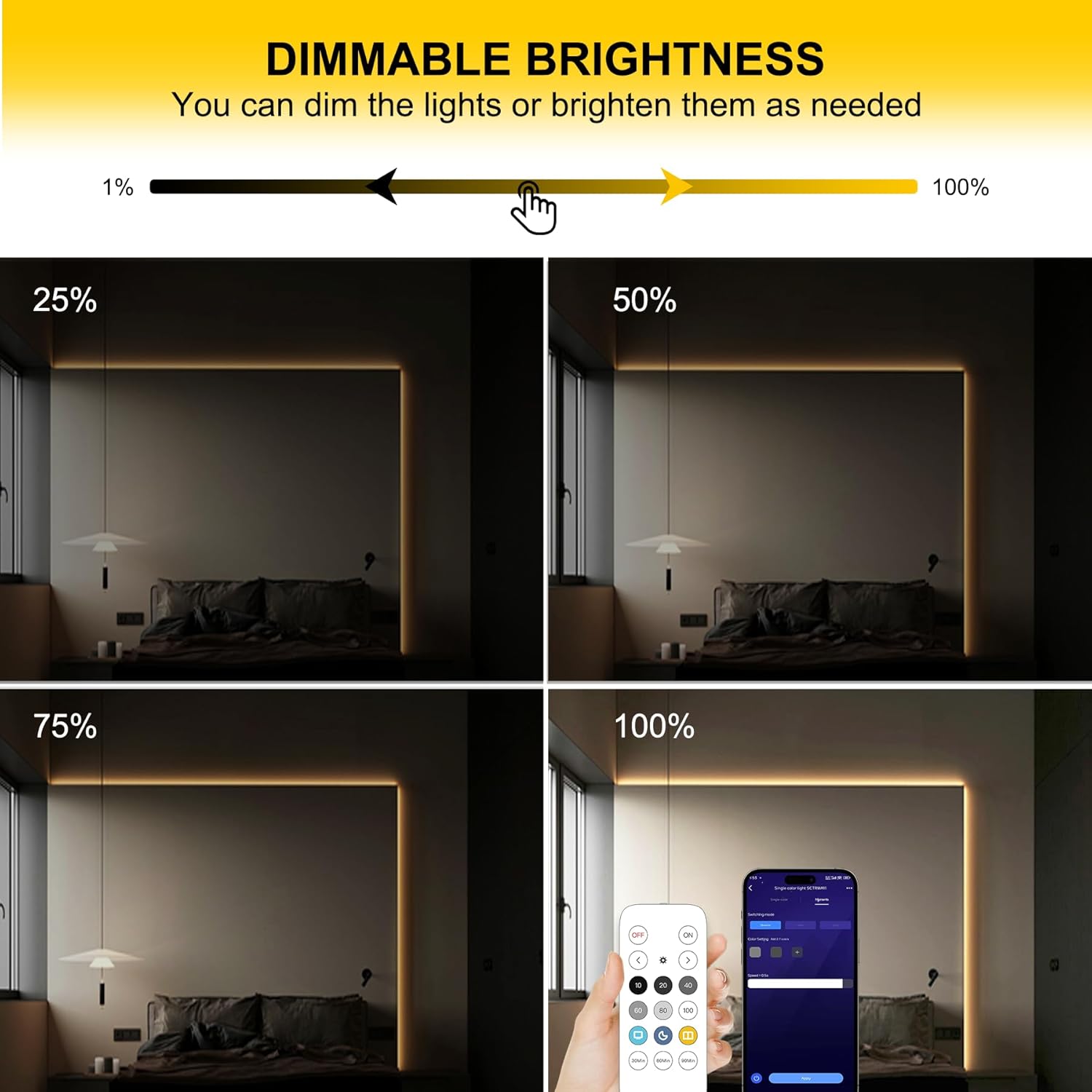 Dimmable brightness feature demonstration with a sliding bar and room lighting examples.