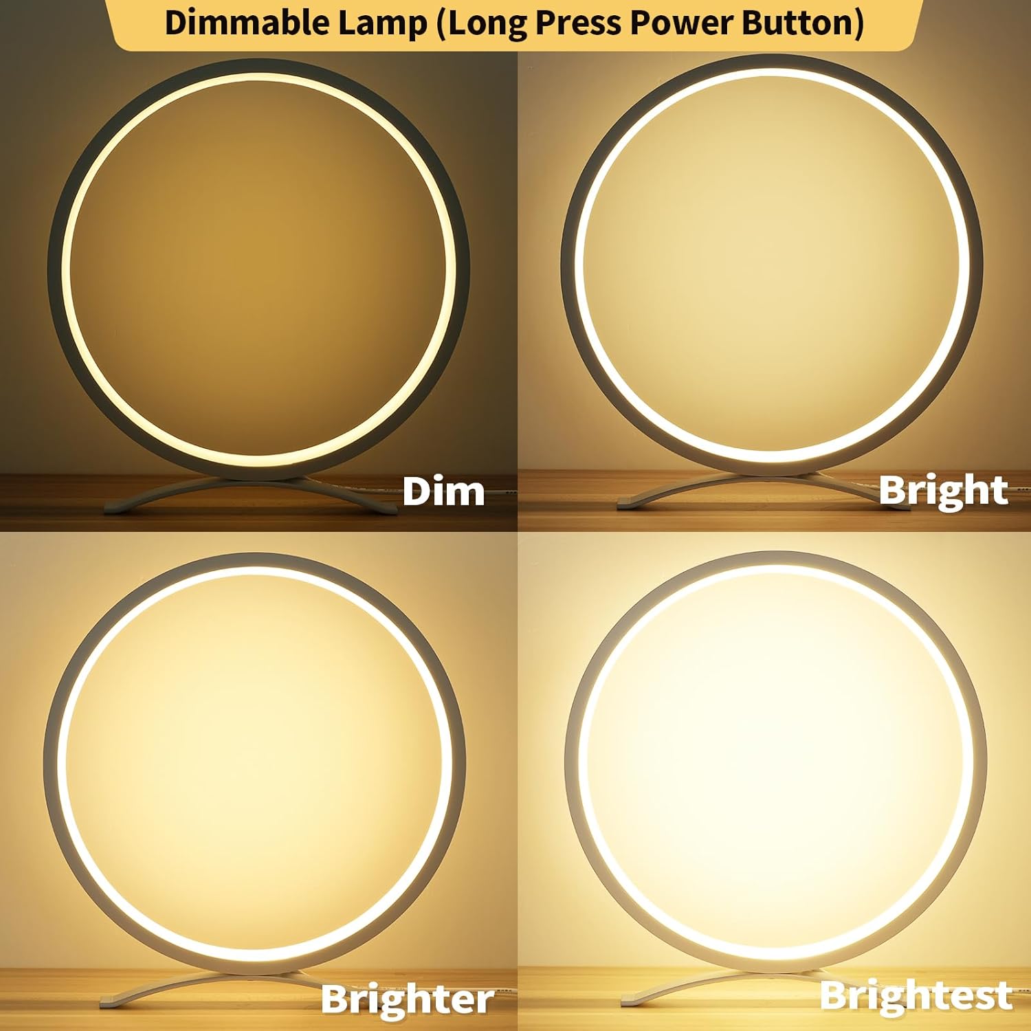 Dimmable lamp with power button on a wooden surface
