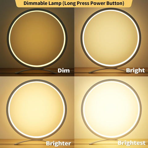 Dimmable lamp with power button on a wooden surface