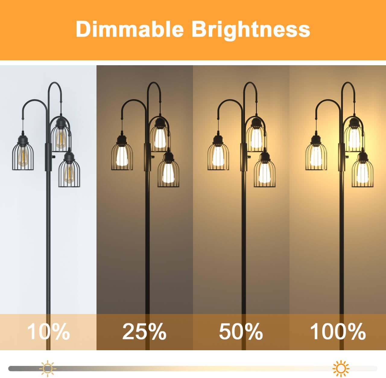 Dimmable outdoor lamp post with adjustable brightness levels on an orange background