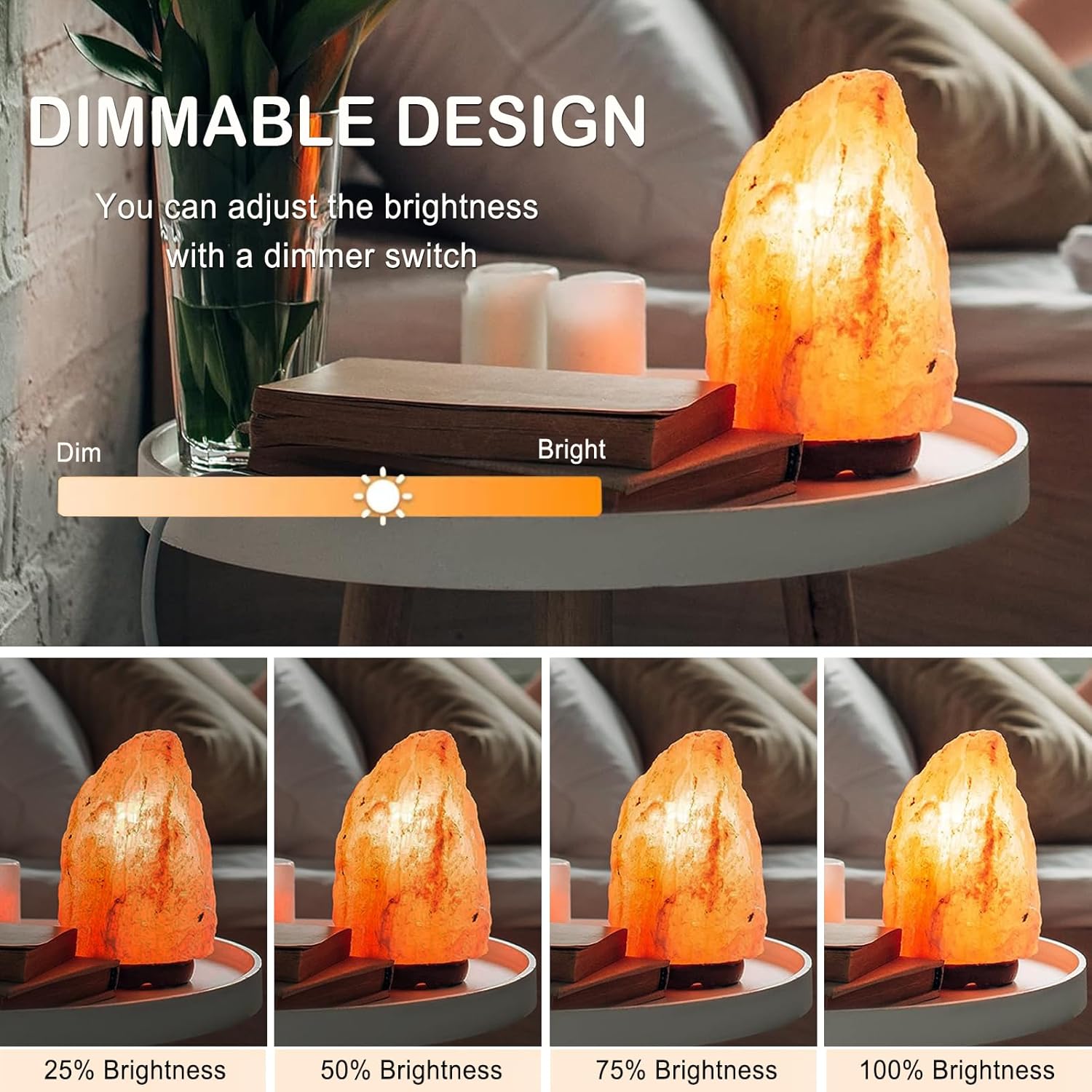Dimmable salt lamp on a table with brightness adjustment options shown.