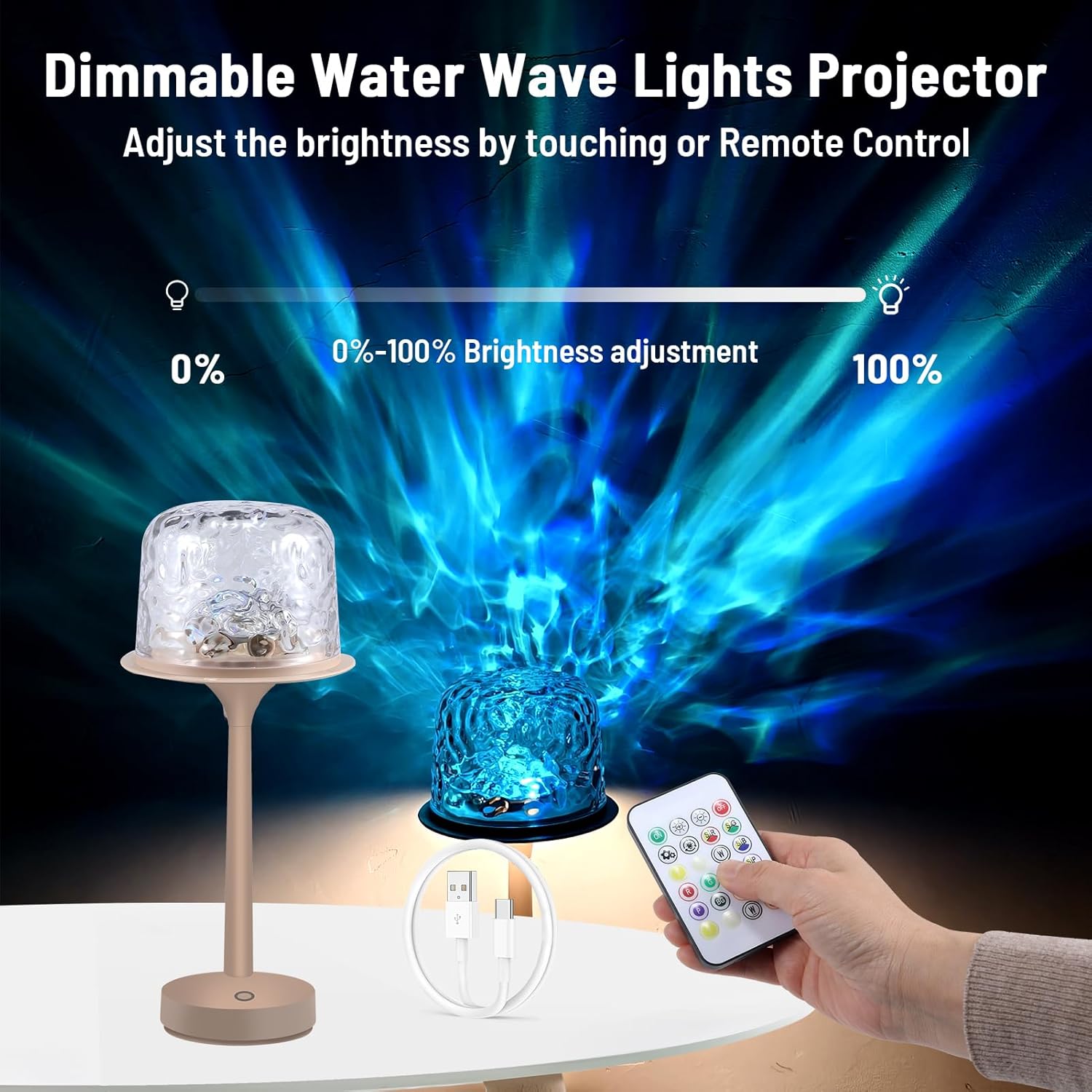 Dimmable water wave lights projector with remote control and adjustable brightness on a dark background.