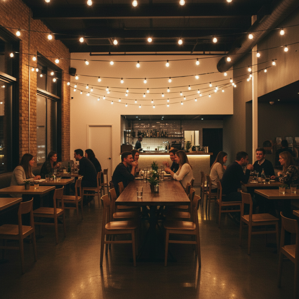Dining area with string lights and people seated at tables.