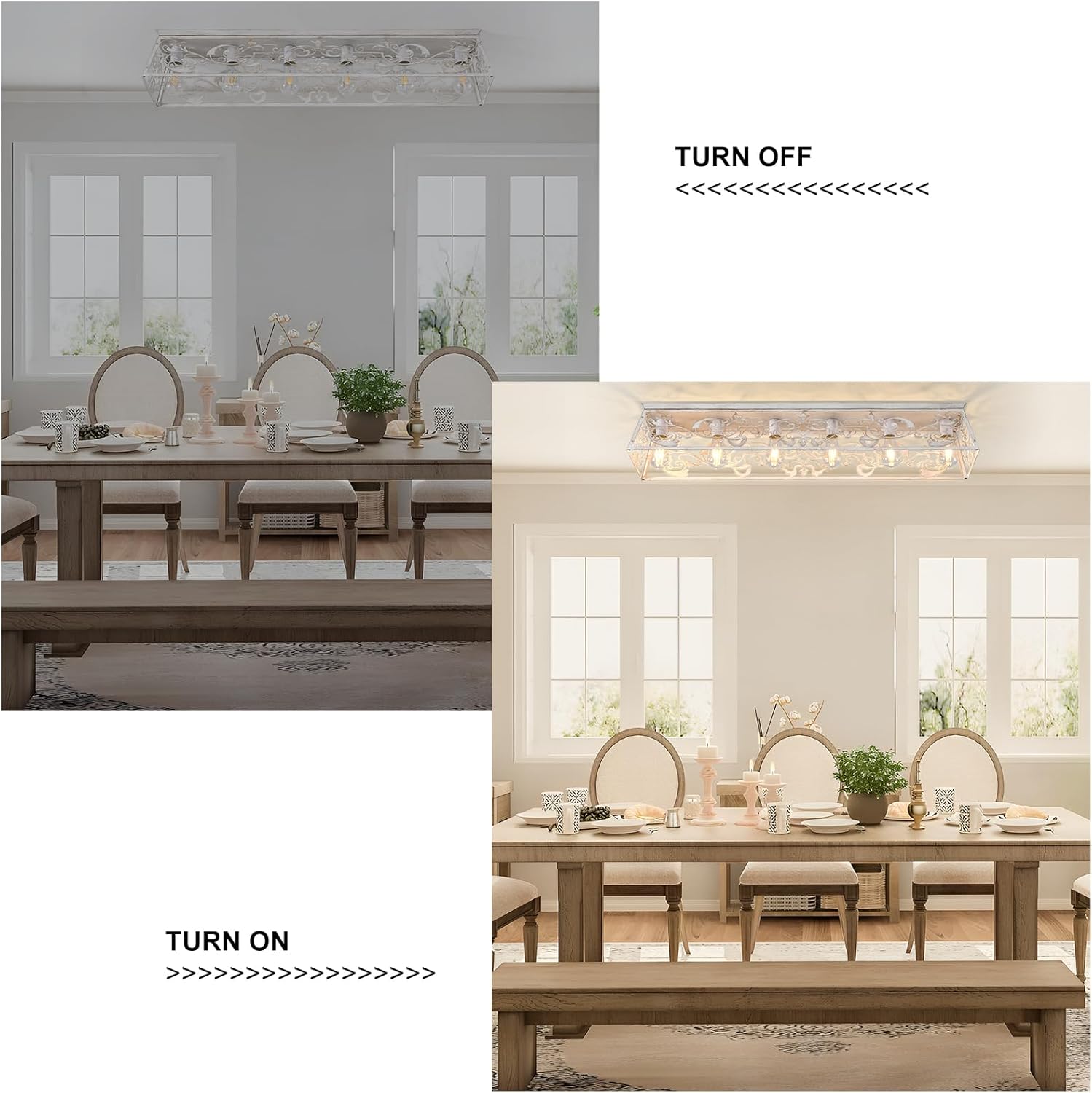Dining room scene with table and chairs, light fixture on and off comparison.