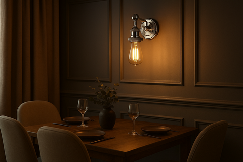 Dining room with a wooden table set for two, wall sconce, and dark curtains.