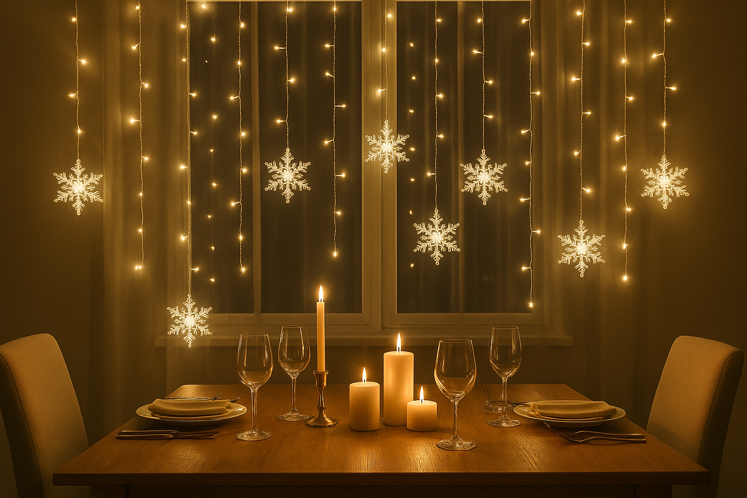 Dining room with string lights, candles, and snowflake decorations on a window.