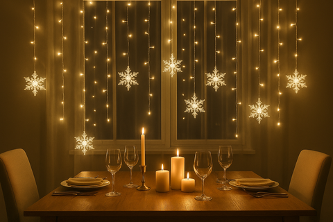Dining room with string lights, candles, and snowflake decorations on a window.