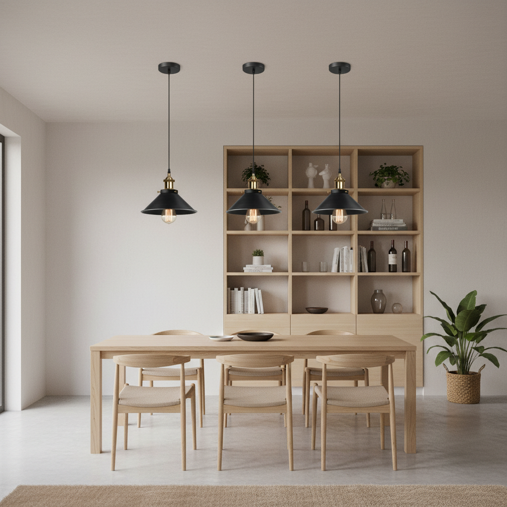 Dining room with wooden table, chairs, and bookshelf against a neutral wall.