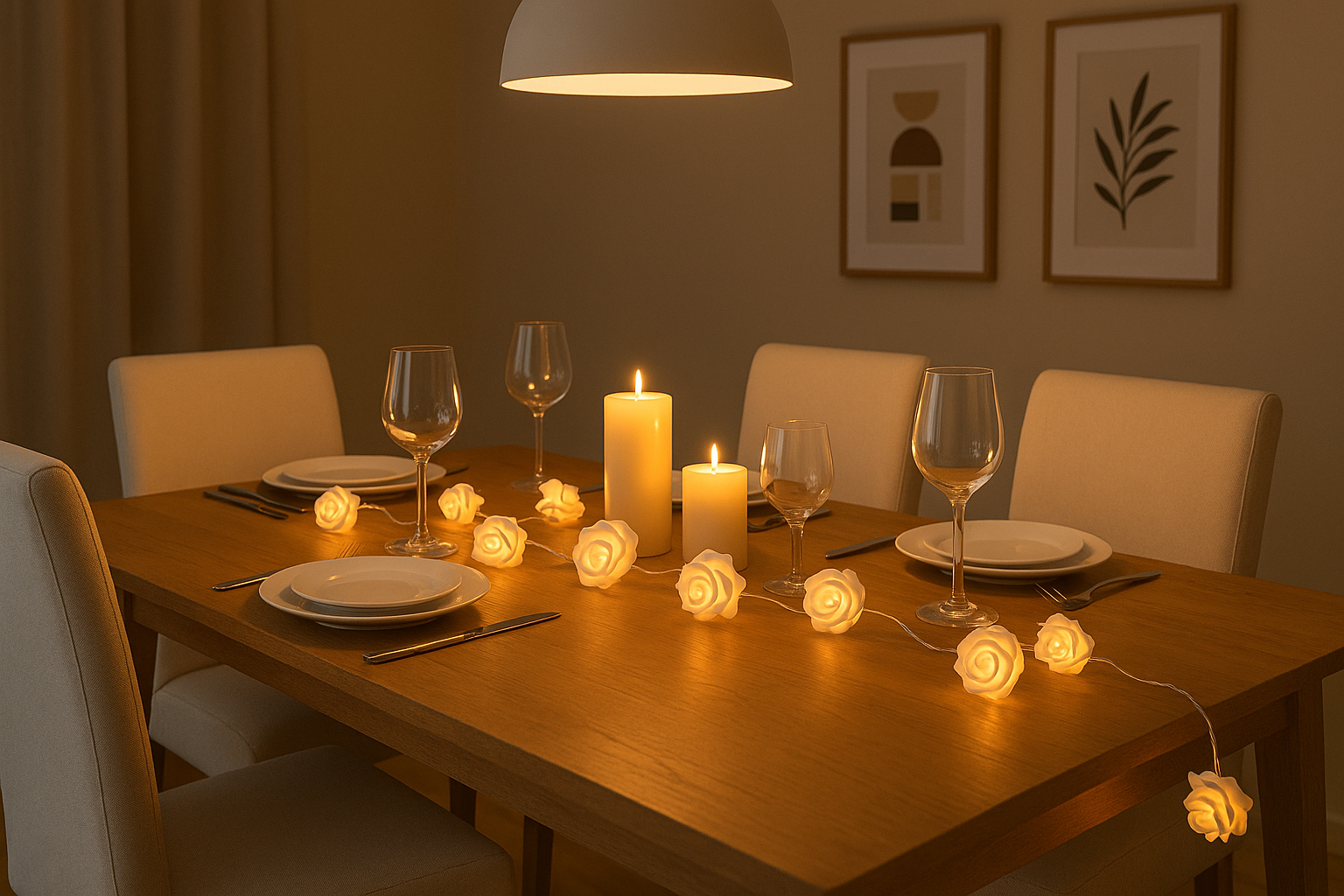 Dining table set for a meal with candles and string lights in a warm, dimly lit room.