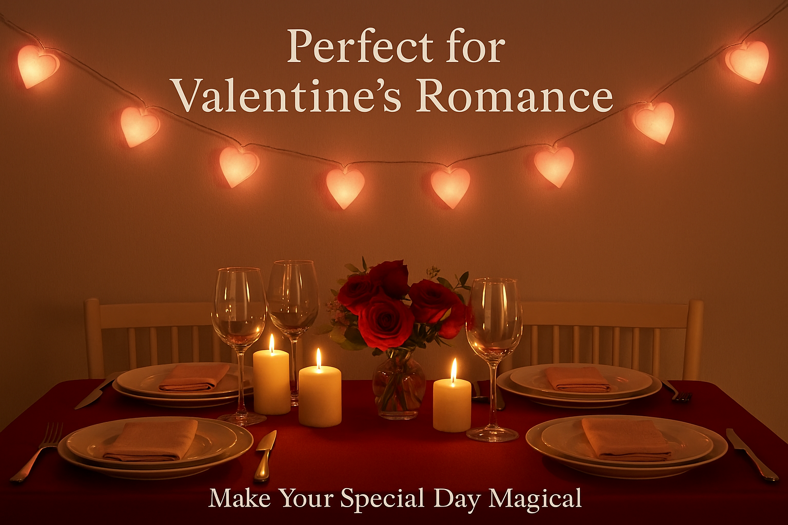 Dining table set for a romantic dinner with candles, wine glasses, and flowers under heart-shaped string lights.