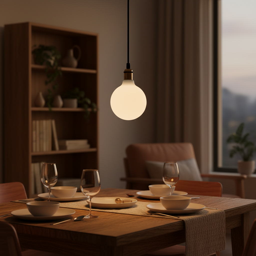 Dining table set with a warm light bulb hanging above, creating a cozy atmosphere.