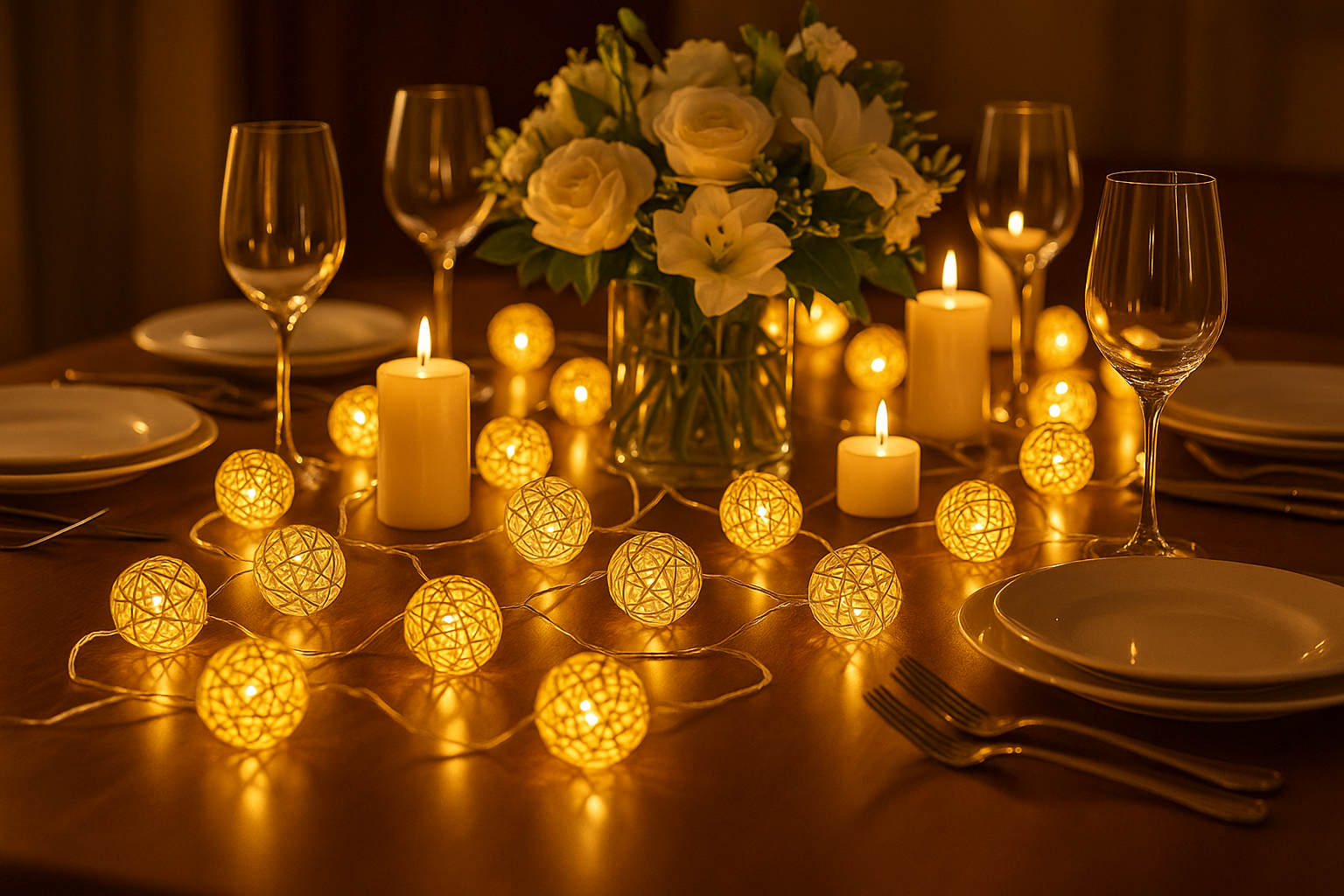 Dining table set with candles, flowers, and string lights in a warm setting.