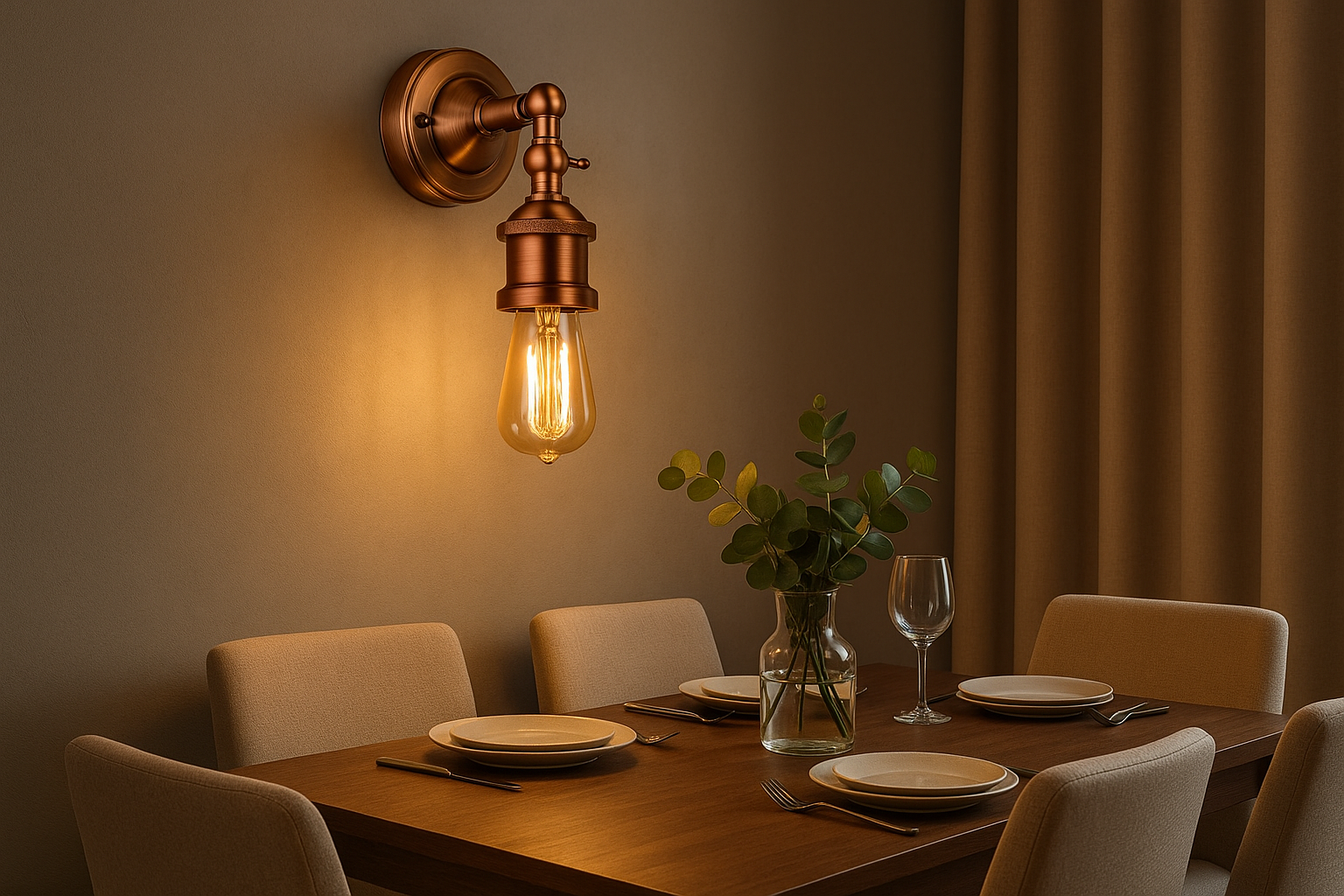 Dining table set with plates, glasses, and a vase with flowers under a copper wall sconce.